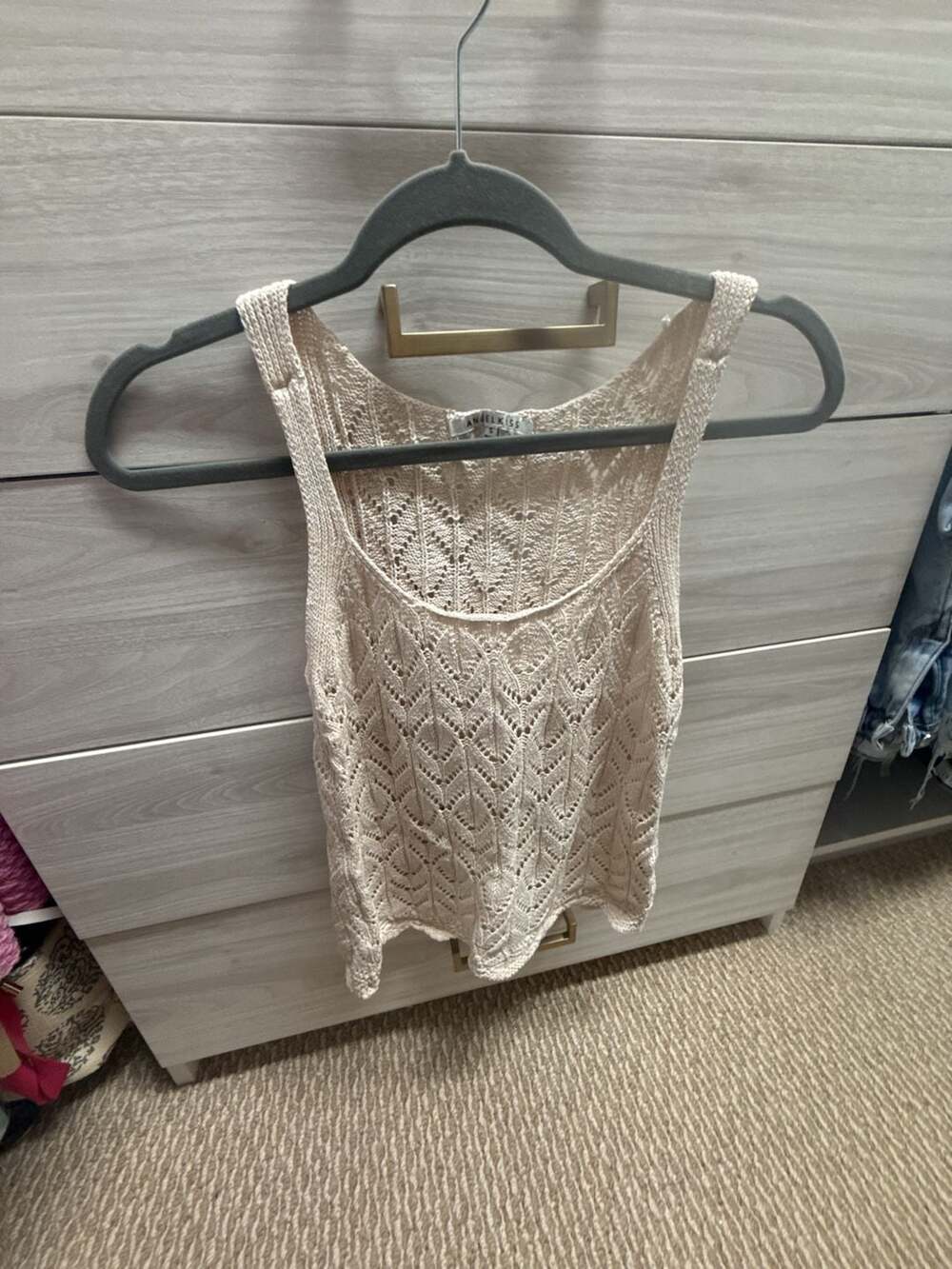 Angel Kiss Crochet Tank Top Size S Beige Open Knit Sleeveless Shirt
